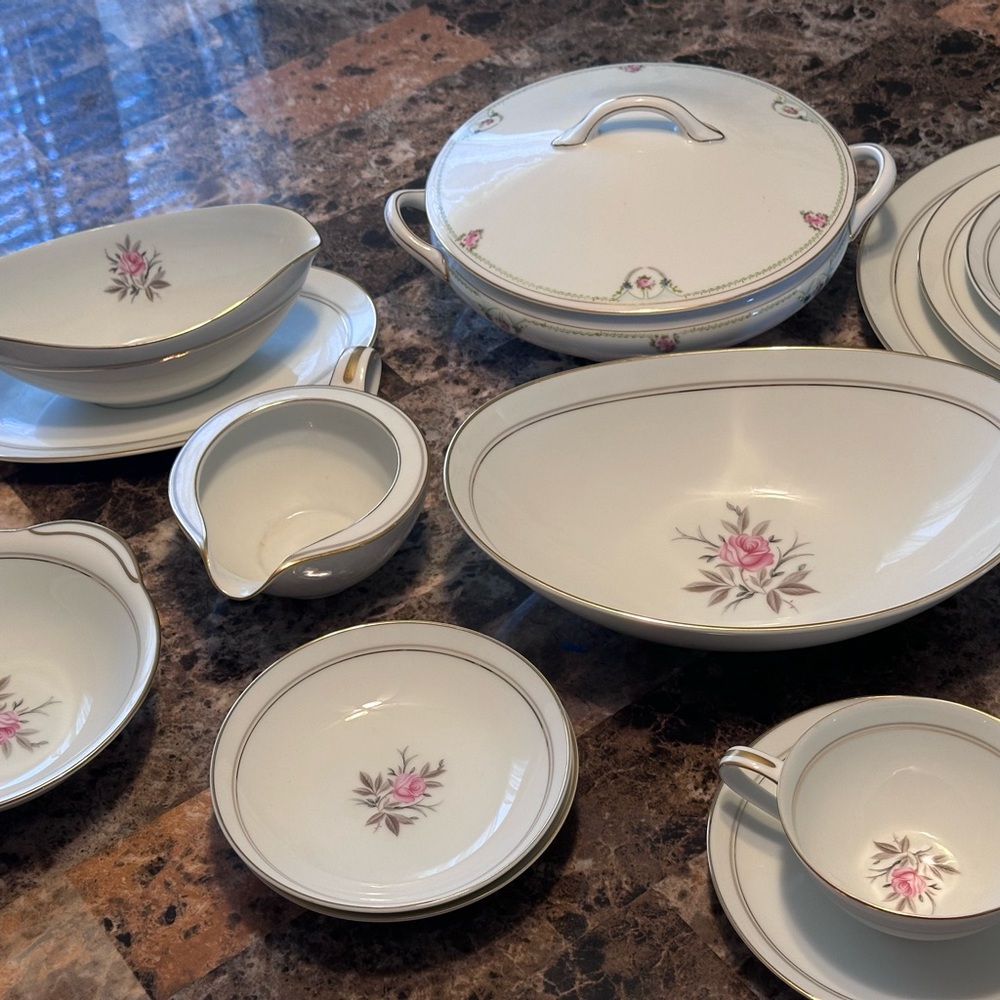 Noritake White Porcelain Dinnerware Set with Pink Rose Motif and Silver Trim